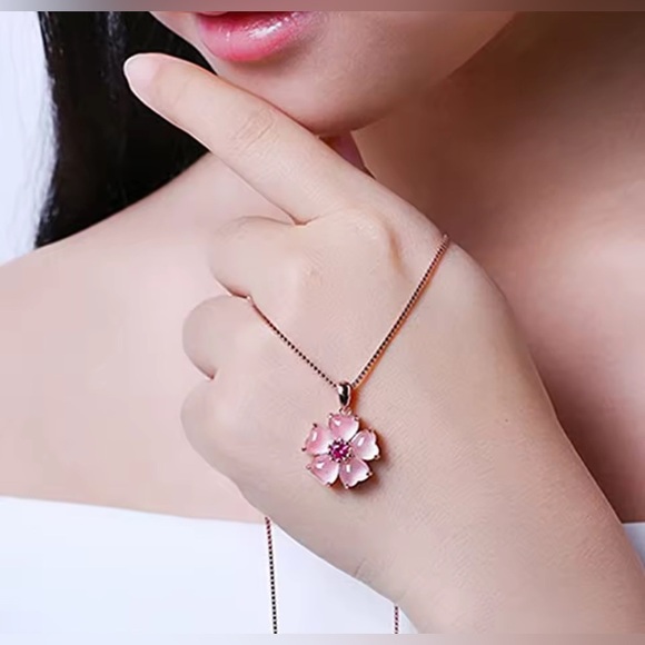 18K Gold Japanese Cherry Blossom Sakura Gemstone Pendant Necklace Bohemian - Picture 9 of 12
